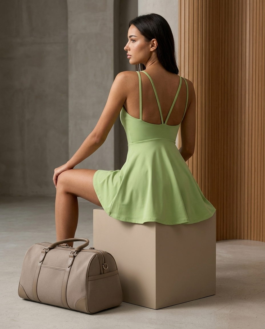 ERAFITT women's pistachio green tennis activewear dress featuring a fitted square-neck bodice, delicate shoulder straps, flattering defined waist and softly flared A-line mini skirt. The pastel pistachio sports dress features smooth stretch-look fabric, streamlined construction, subtle shaping seams and a feminine fit-and-flare silhouette. Women's pistachio green tennis dresses, pastel green golf-inspired activewear, pickleball outfits, sleeveless athletic mini dresses and stylish racquet club clothing for