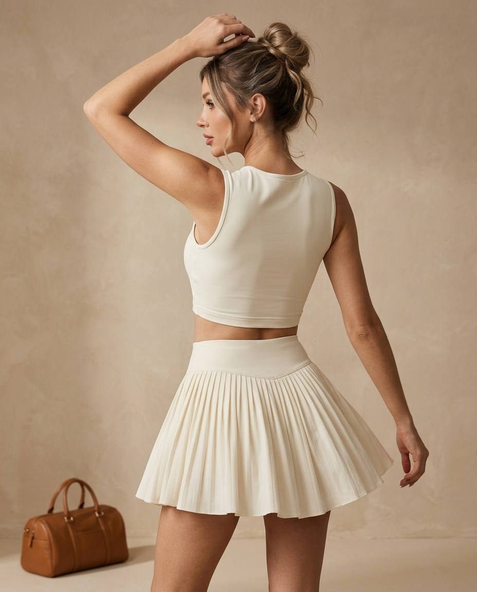 Women's butter cream tennis activewear two-piece set featuring a sleeveless round-neck cropped tank top with sculpted twist-knot detailing across the front and a matching high-waisted flowing mini tennis skirt. The softly gathered pleated skirt, wide supportive-looking waistband and smooth fitted crop top create a flattering coordinated silhouette. The delicate butter cream colour brings a refined neutral aesthetic to women's tennis clothing, pickleball outfits, golf-inspired sportswear, summer activewear, 